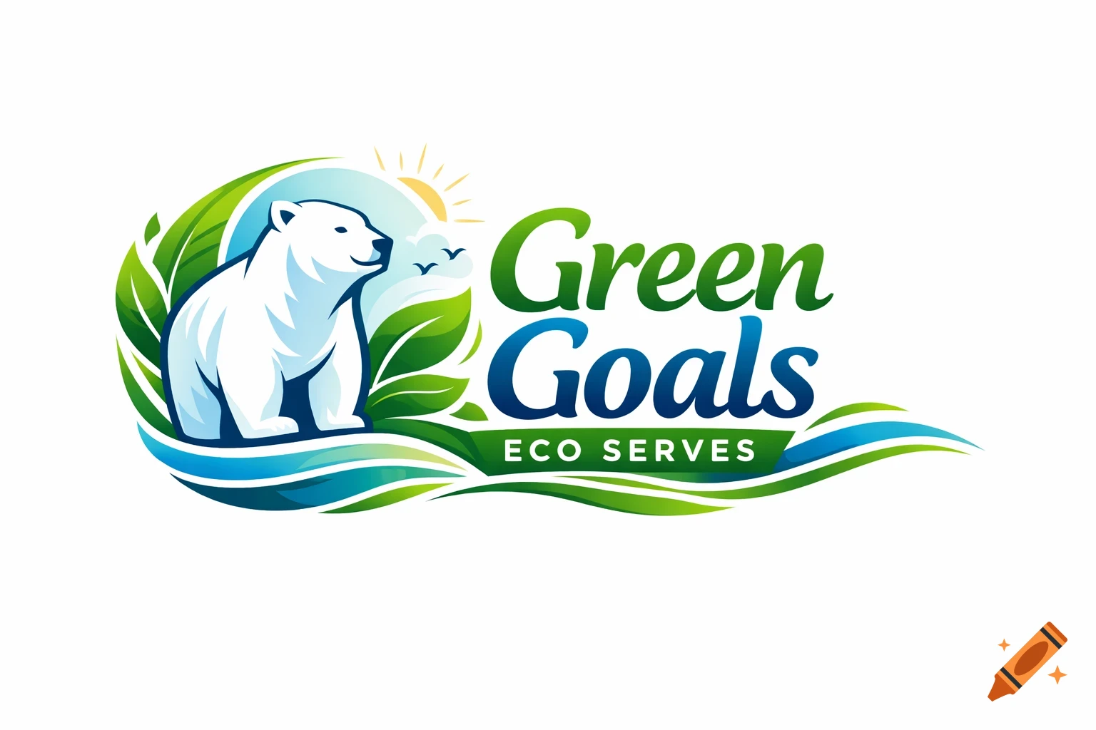 A stylized logo featuring a polar bear surrounded by green leaves, blue waves, and a sun, with the text Green Goals ECO SERVES.