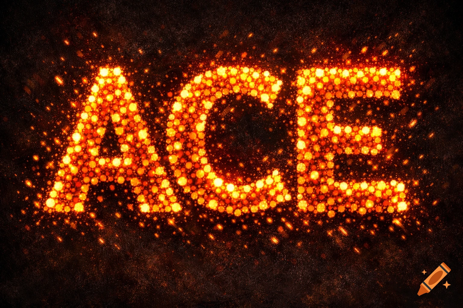The word ACE rendered in glowing orange and yellow dots, resembling a fiery, sparkling effect.