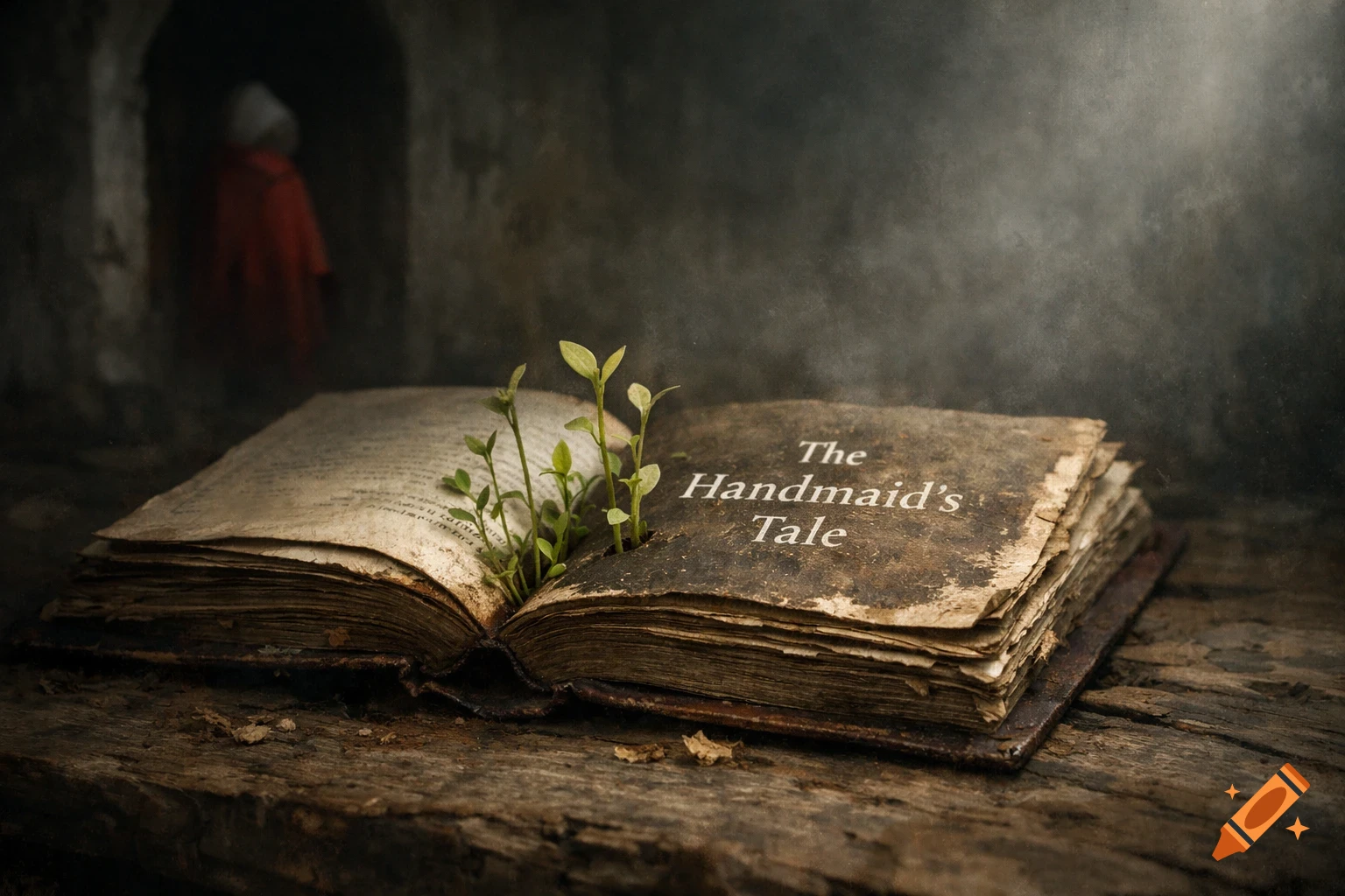 An old, open book titled 'The Handmaid's Tale' on wood, green sprouts growing from pages. Blurred red-cloaked figure in dark archway.