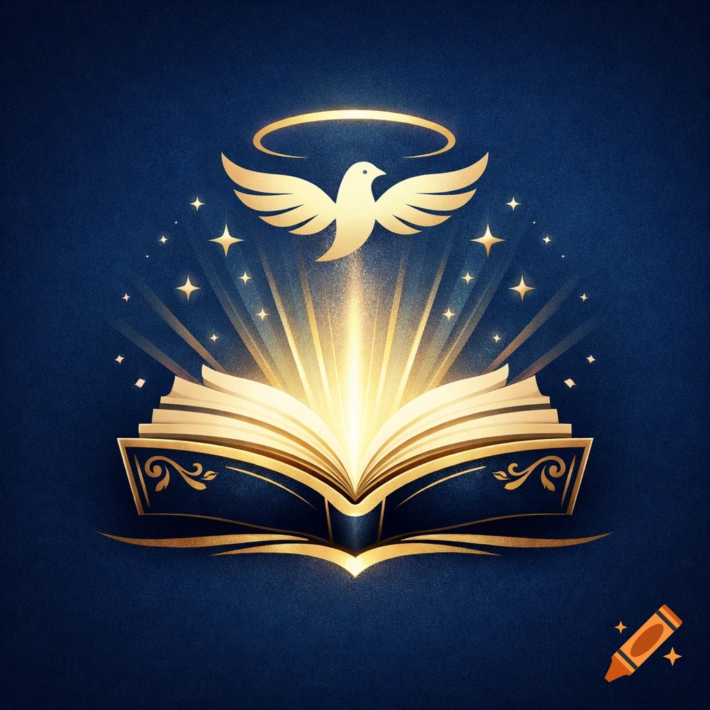 A golden dove with a halo above an open, glowing golden book, surrounded by stars on a dark blue background. Symbolic art.
