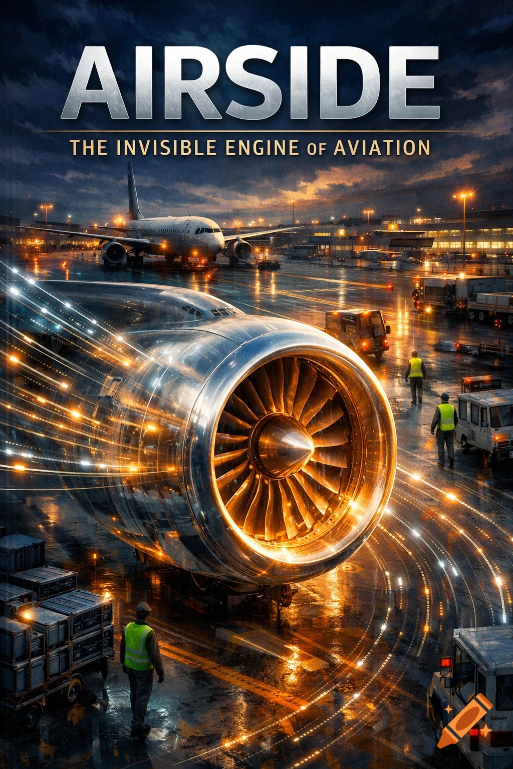 Dramatic night view of a glowing airplane engine on a wet airport tarmac, with ground crew, and a parked aircraft. Text: AIRSIDE.