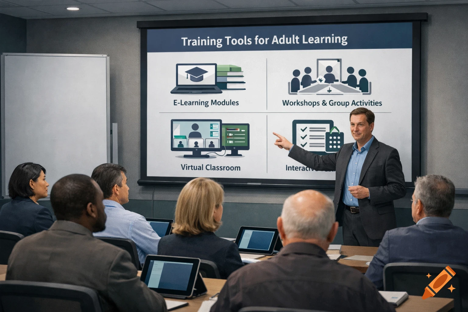 A male instructor points at a large screen displaying "Training Tools for Adult Learning" with icons and text for E-Learning, Workshops, Virtual Classroom, and Interactive elements, while a diverse group of adults watches.