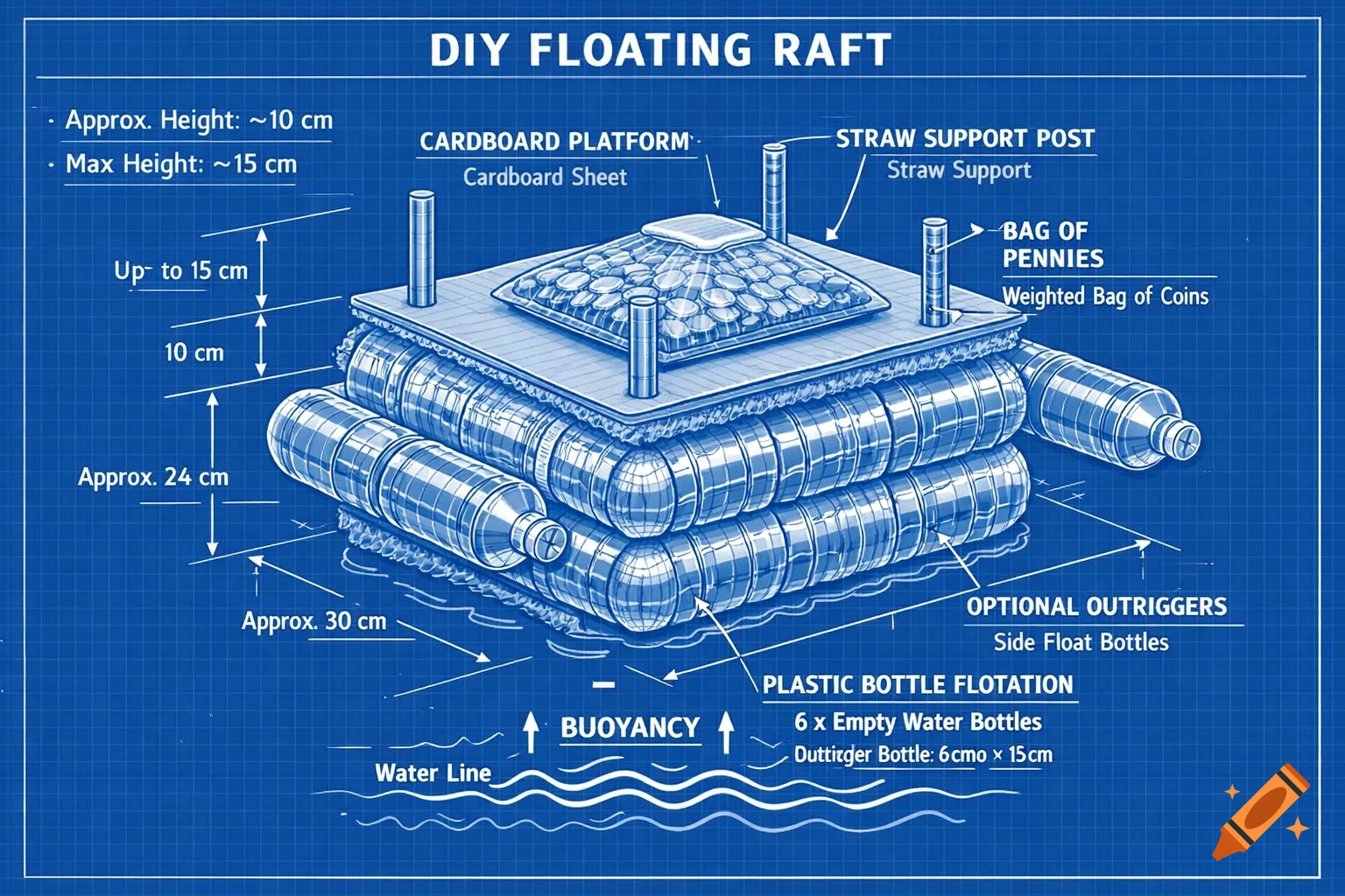 A blueprint diagram illustrating a DIY floating raft made from plastic bottles, cardboard, and pennies, with labels for components and measurements.