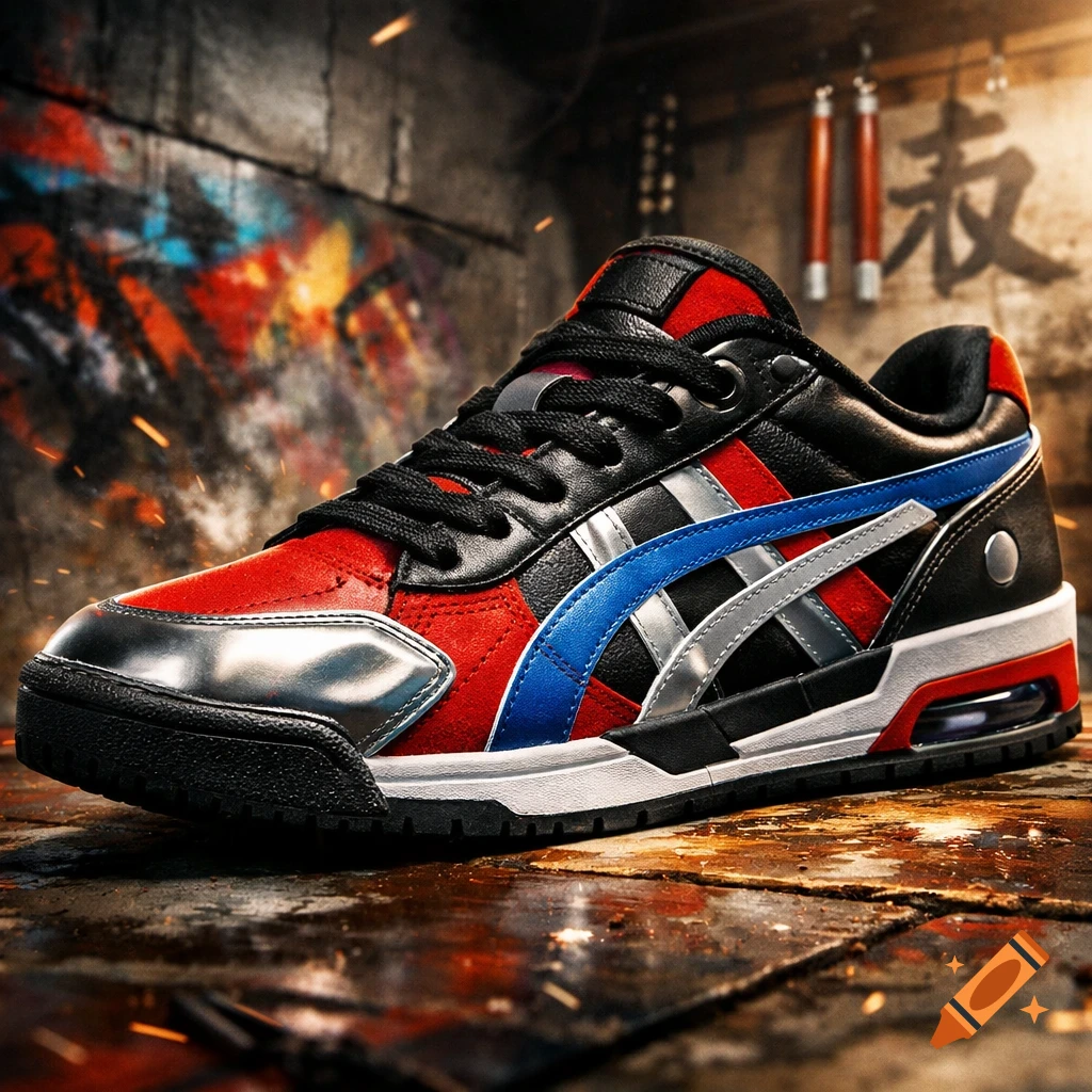 Close-up of a red, black, silver, and blue sneaker on a wet wooden surface with a blurry urban graffiti background.