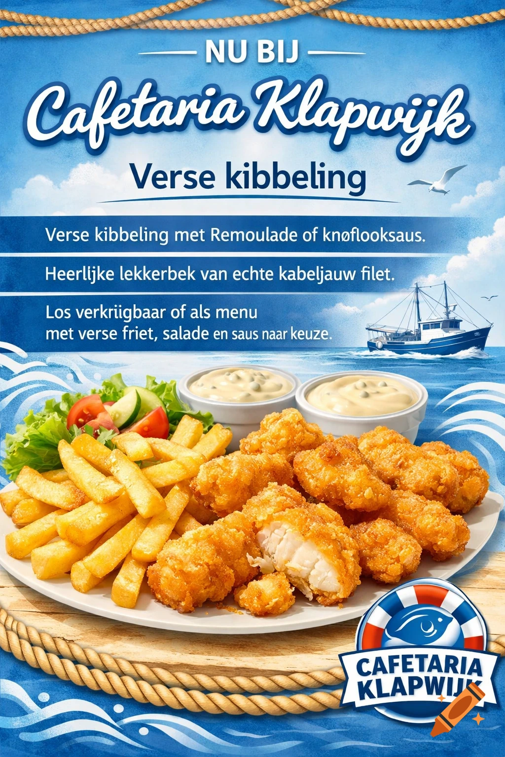 A vibrant blue and white poster advertises 'Verse kibbeling' (fried fish) with fries, salad, and sauces from Cafetaria Klapwijk. A fishing boat is in the background.