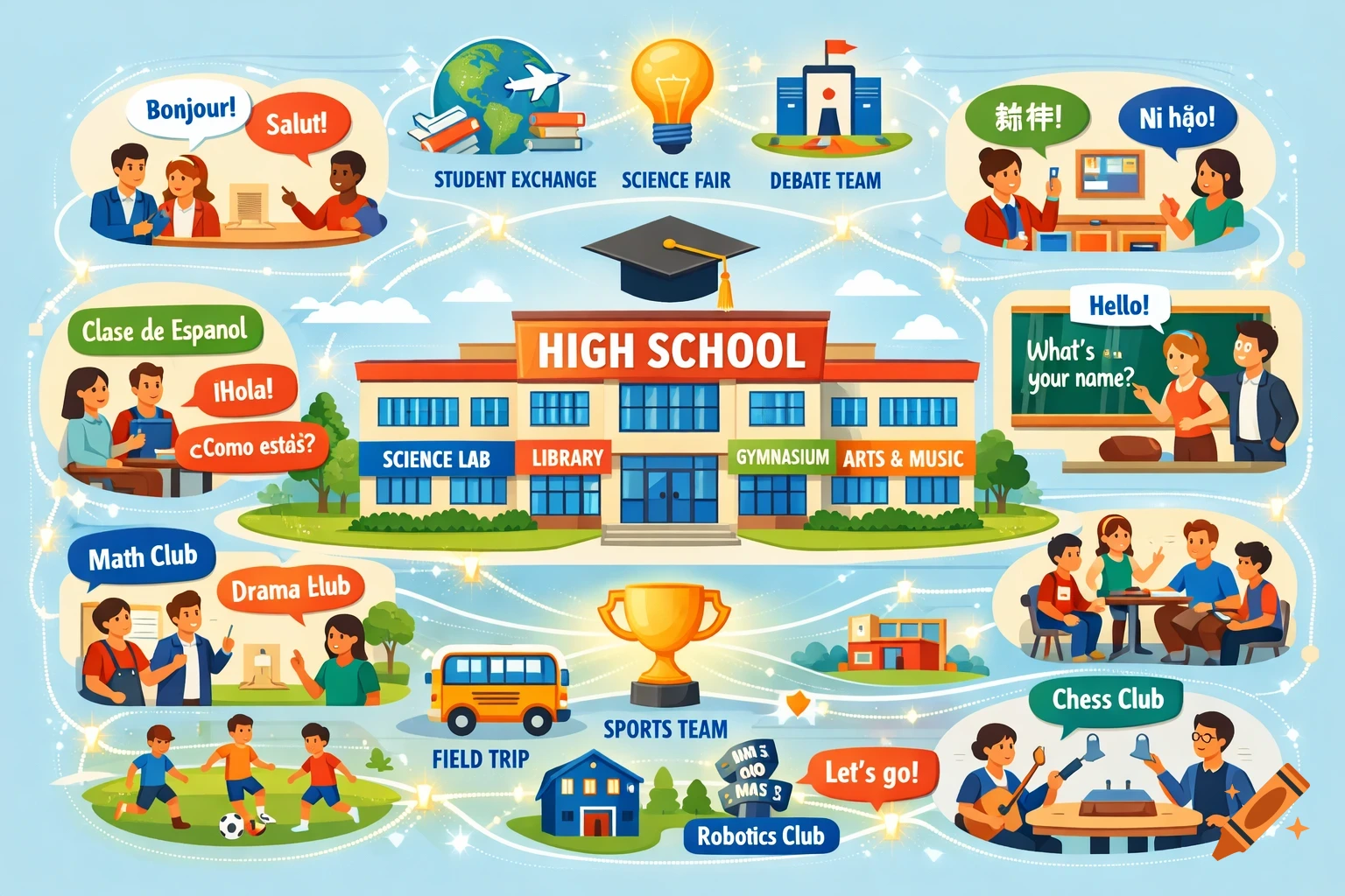 An infographic illustrating various activities and language learning in a high school, including clubs, sports, and academic subjects.