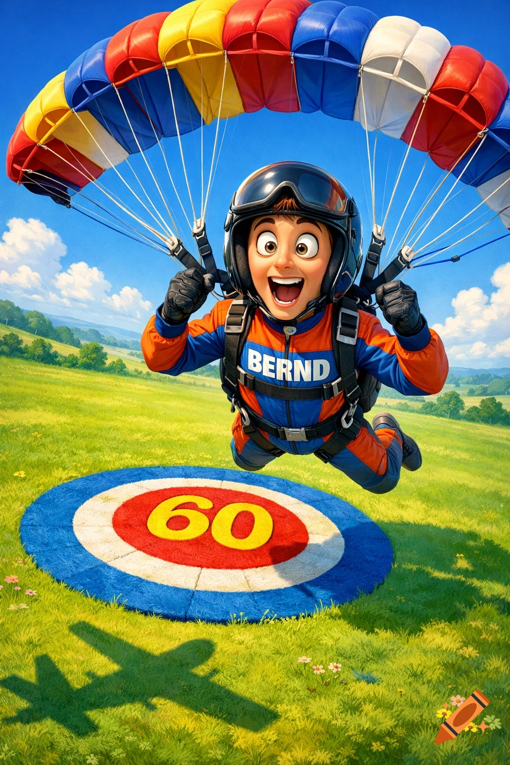 A happy Pixar-style cartoon parachuter with a colorful parachute descends towards a '60' target on a green field, with 'BERND' on their suit.