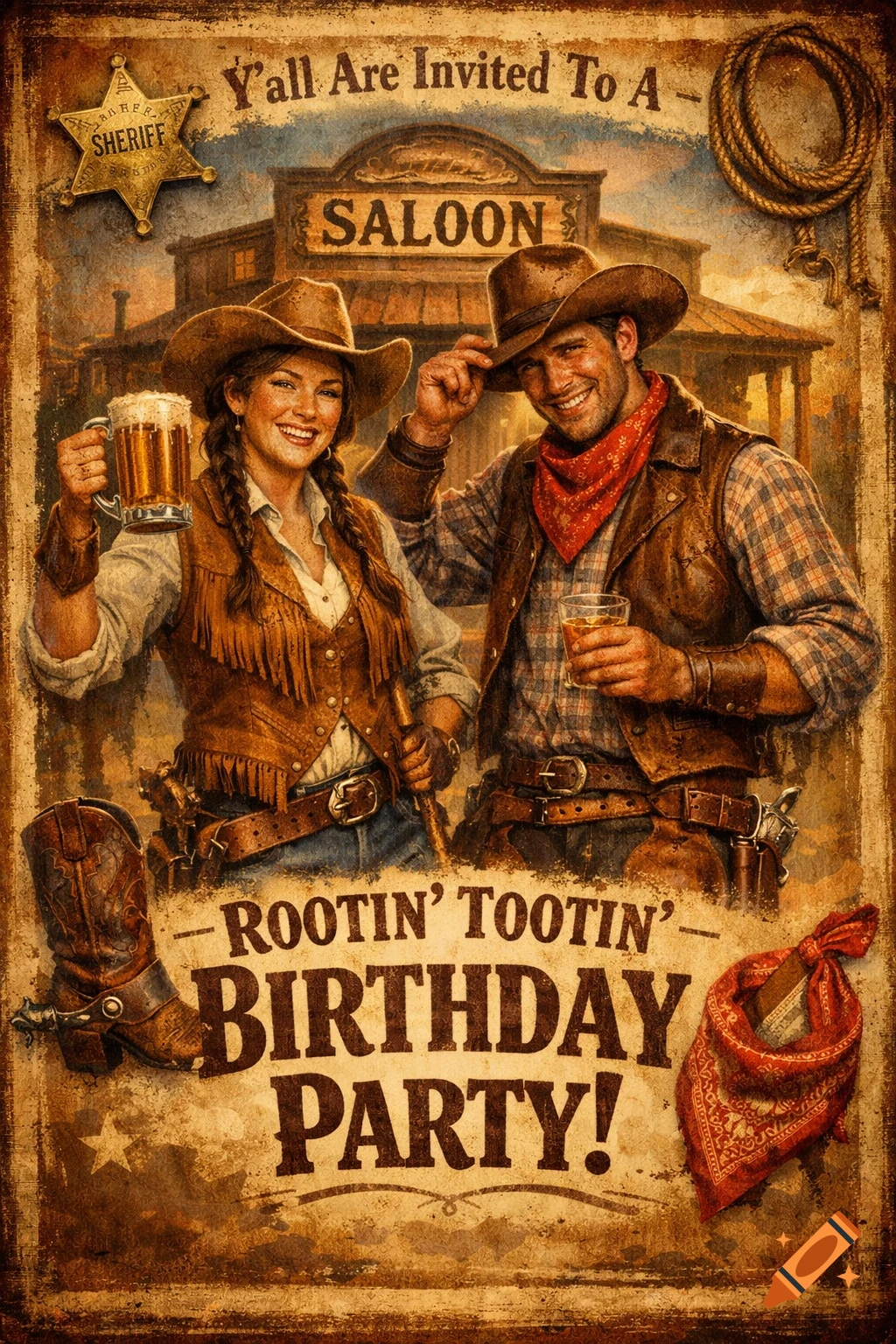 Vintage-style Western birthday party invitation featuring a cowboy and cowgirl holding drinks in front of a saloon.