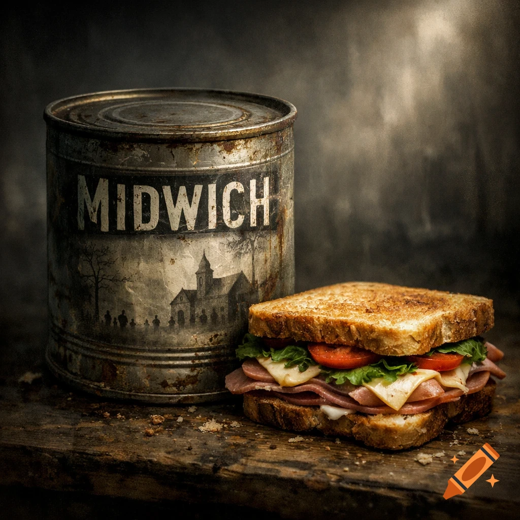 A rusty can labeled 'MIDWICH' with a church silhouette and figures, sits next to a fresh ham and cheese sandwich on a wooden surface.