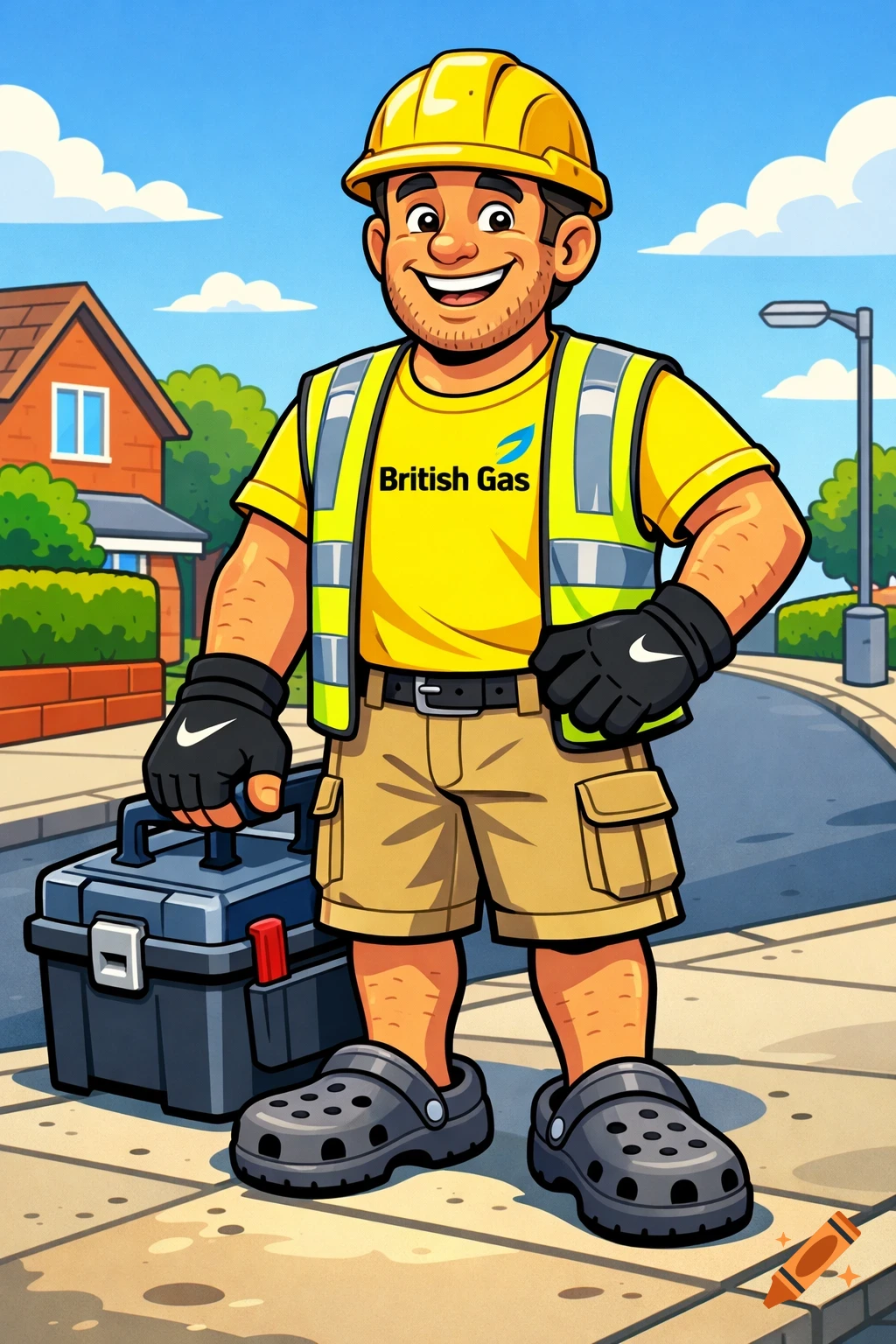 Cartoon man in a yellow hard hat, high-viz vest, British Gas t-shirt, and Crocs, holding a toolbox on a street.