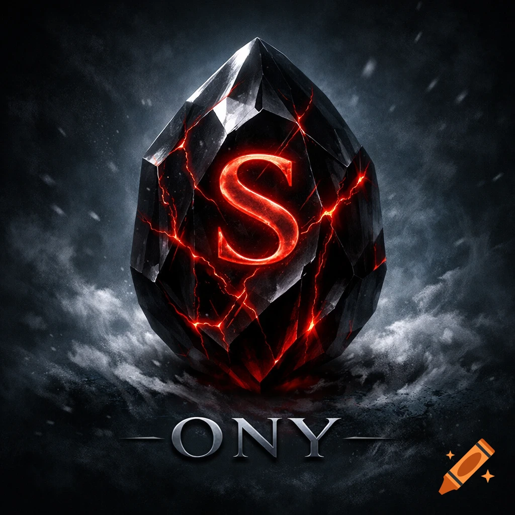 A dark, faceted black onyx crystal with a glowing red 'S' inside, above the metallic text 'ONY', set against a smoky, icy background.