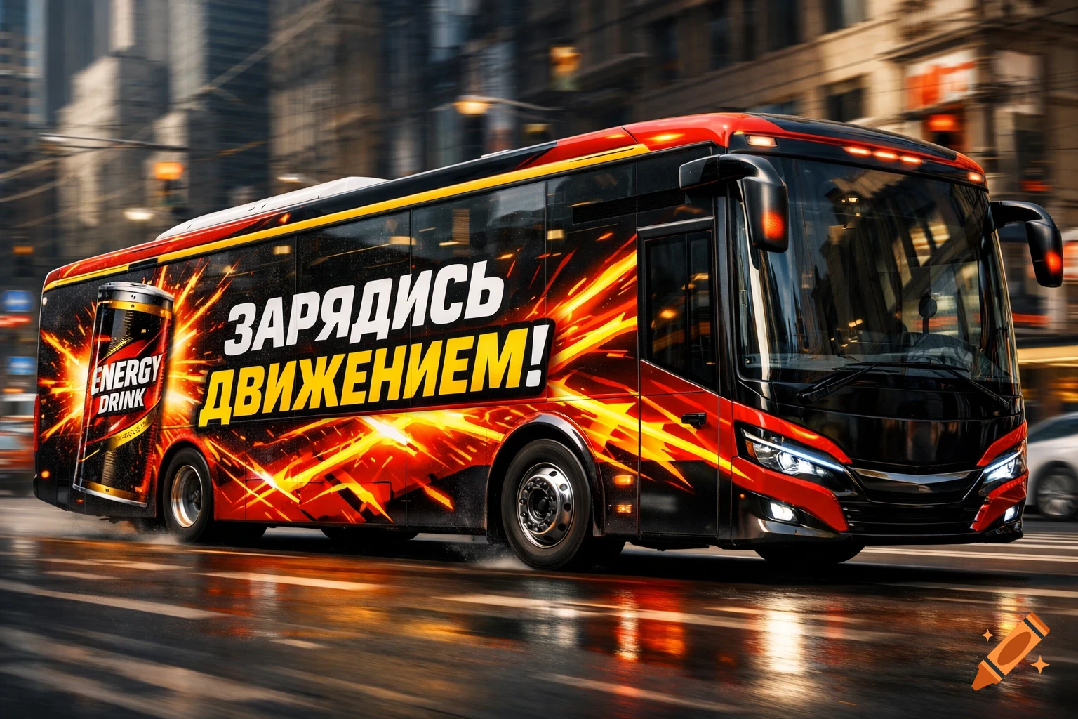 A black and red bus with a fiery energy drink advertisement featuring Russian text, drives on a wet city street in a photorealistic style.