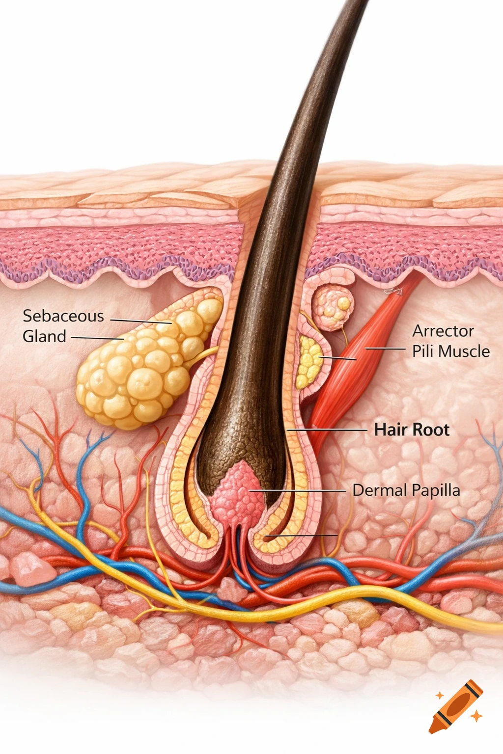 Detailed cross-section diagram of human skin showing a hair follicle with sebaceous gland, muscle, and dermal papilla.
