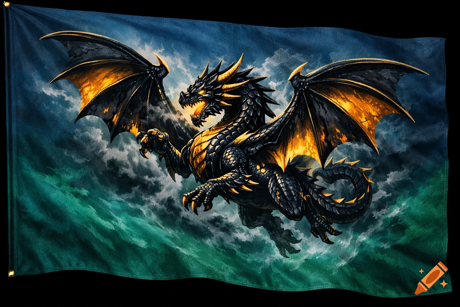 A black and gold dragon with outstretched wings on a flag, set against a stormy blue and green sky.