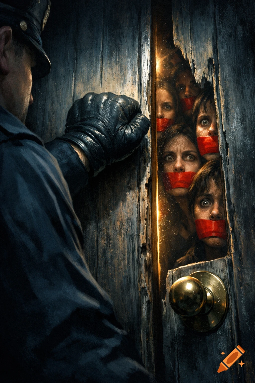 A gloved hand of a police officer knocks on a weathered wooden door, through a crack, many fearful faces with red tape over their mouths are visible in dramatic lighting.
