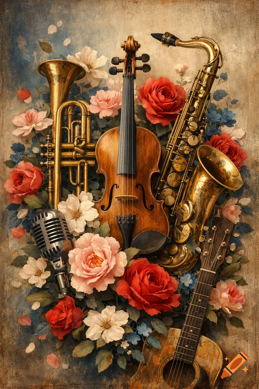 A collection of vintage musical instruments including a violin, trumpet, saxophone, microphone, and guitar, nestled among red, pink, white, and blue flowers, with a painterly texture.