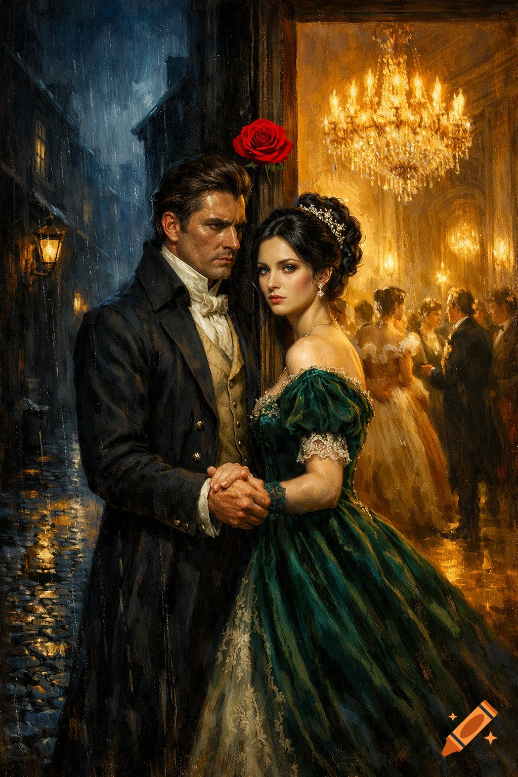 Painterly scene of a couple, a man in a black coat and a woman in a green gown, standing between a rainy alley and a bright ballroom. A red rose is above them.