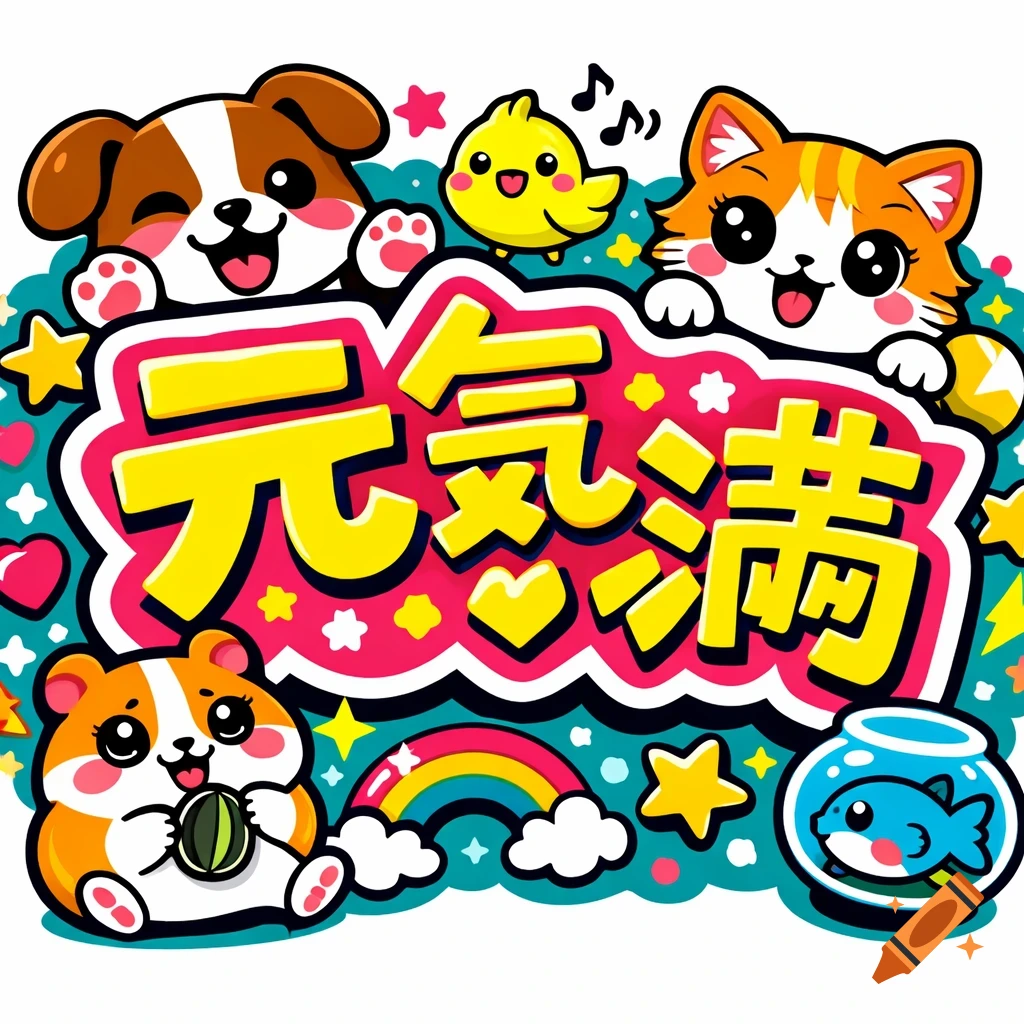 Cute cartoon animals like a dog, cat, hamster, chick, and fish surround the Japanese text '元气满满' on a vibrant, colorful background.