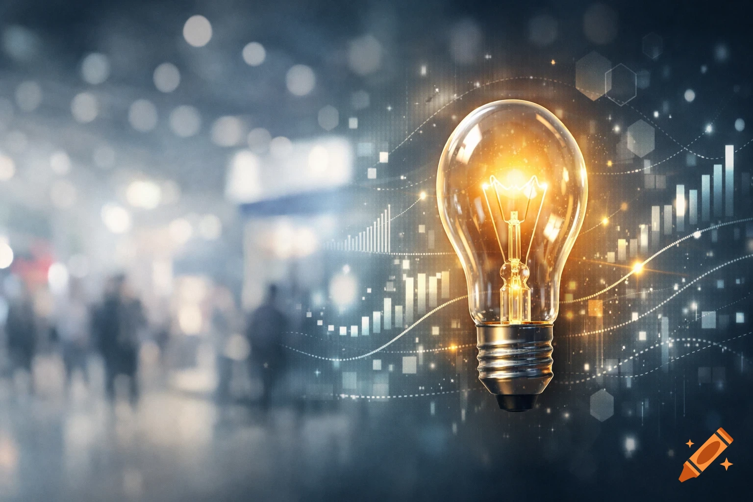 Brightly glowing lightbulb with blurred people and digital business graphics in the background.