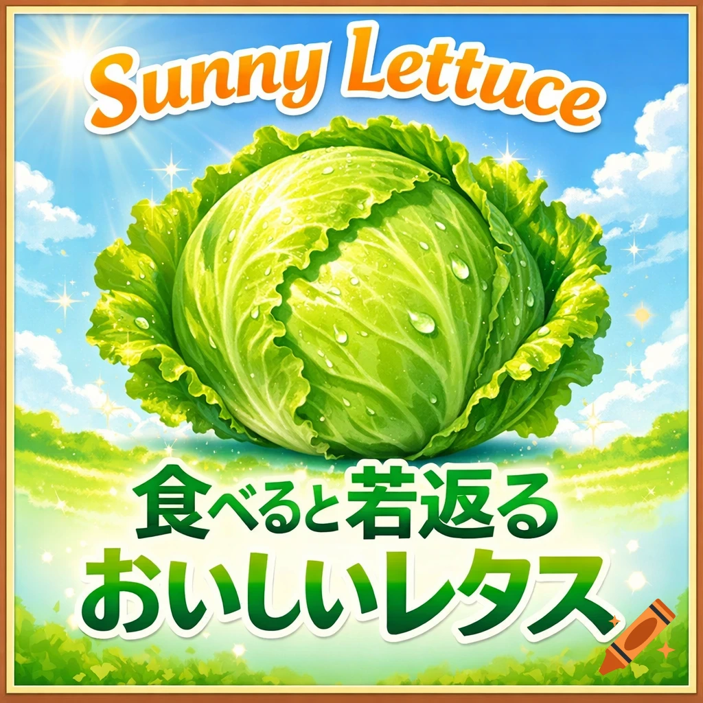 An illustrative sign for "Sunny Lettuce" featuring a dewy, vibrant green head of cabbage under a bright sun in a field, with Japanese text below.