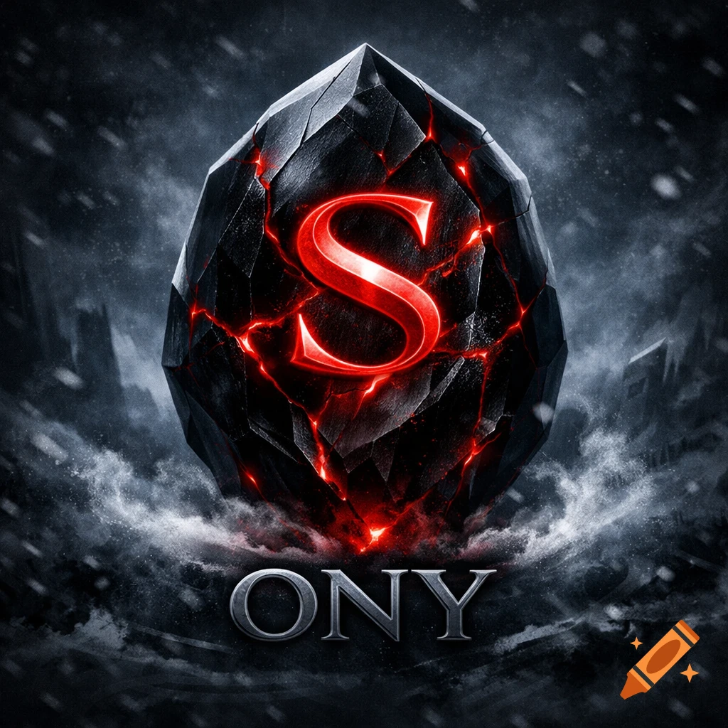 Dark, faceted black onyx crystal with red glowing cracks and a prominent red 'S' embedded, 'ONY' in metallic font below, against a smoky, icy background.