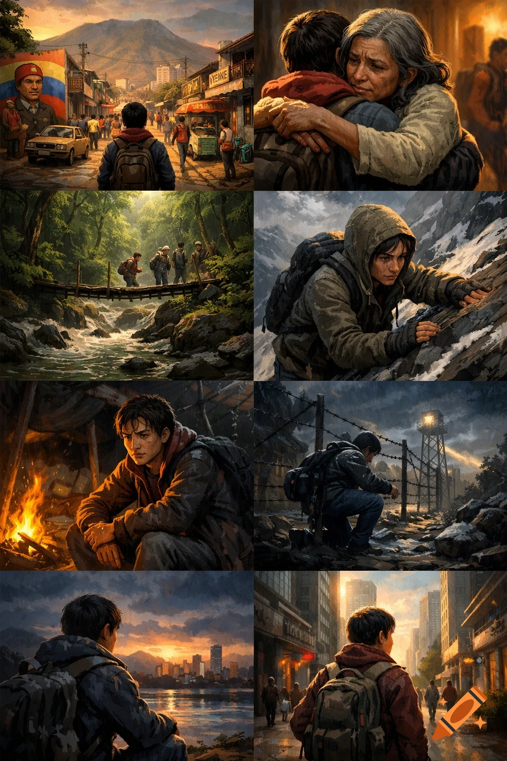 Multi-panel comic illustrating a person's migration journey through cities, natural landscapes, and emotional moments in a painterly style.