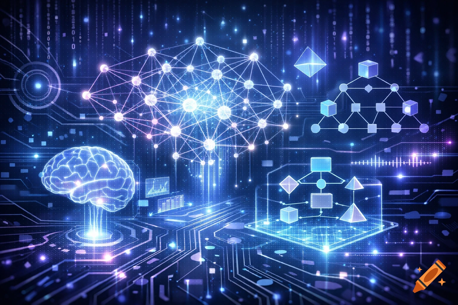 A glowing blue digital brain connected to abstract geometric neural network structures and circuit board patterns on a dark blue background with binary code.