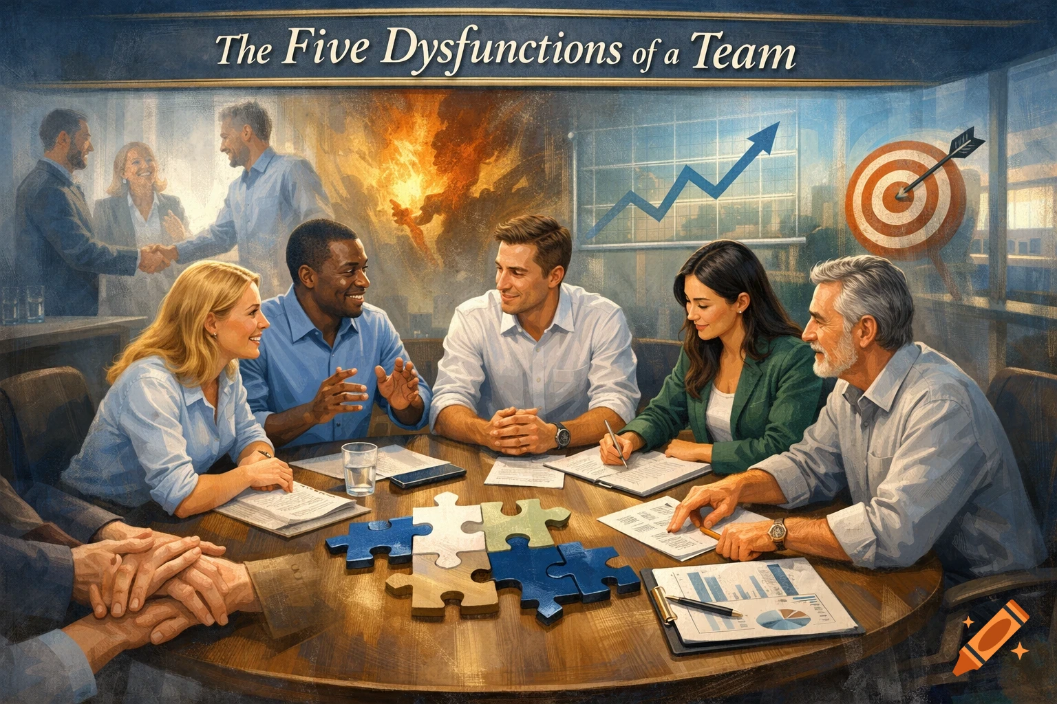 Diverse team of professionals at a meeting table with puzzle pieces, charts, and "The Five Dysfunctions of a Team" title.