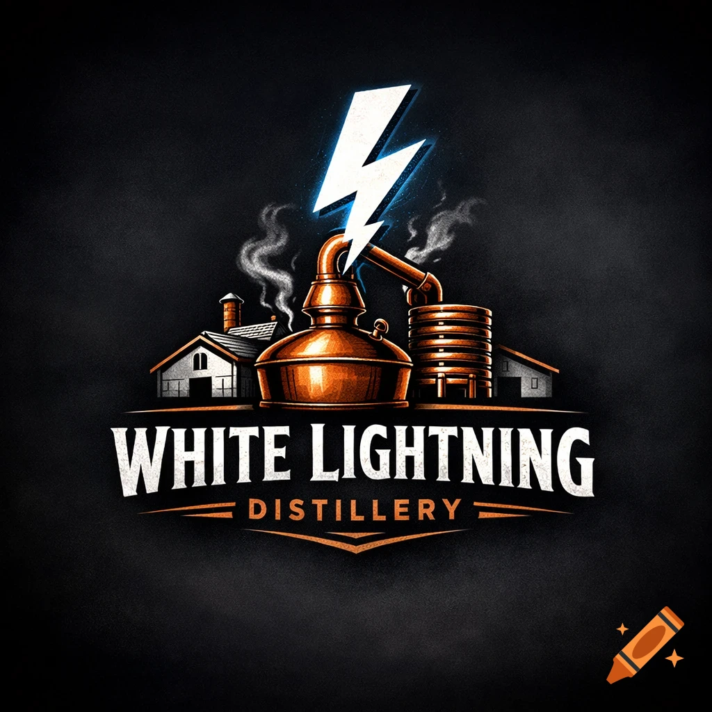 A stylized logo for White Lightning Distillery featuring a copper still, farm buildings, and a glowing white lightning bolt on a dark background.