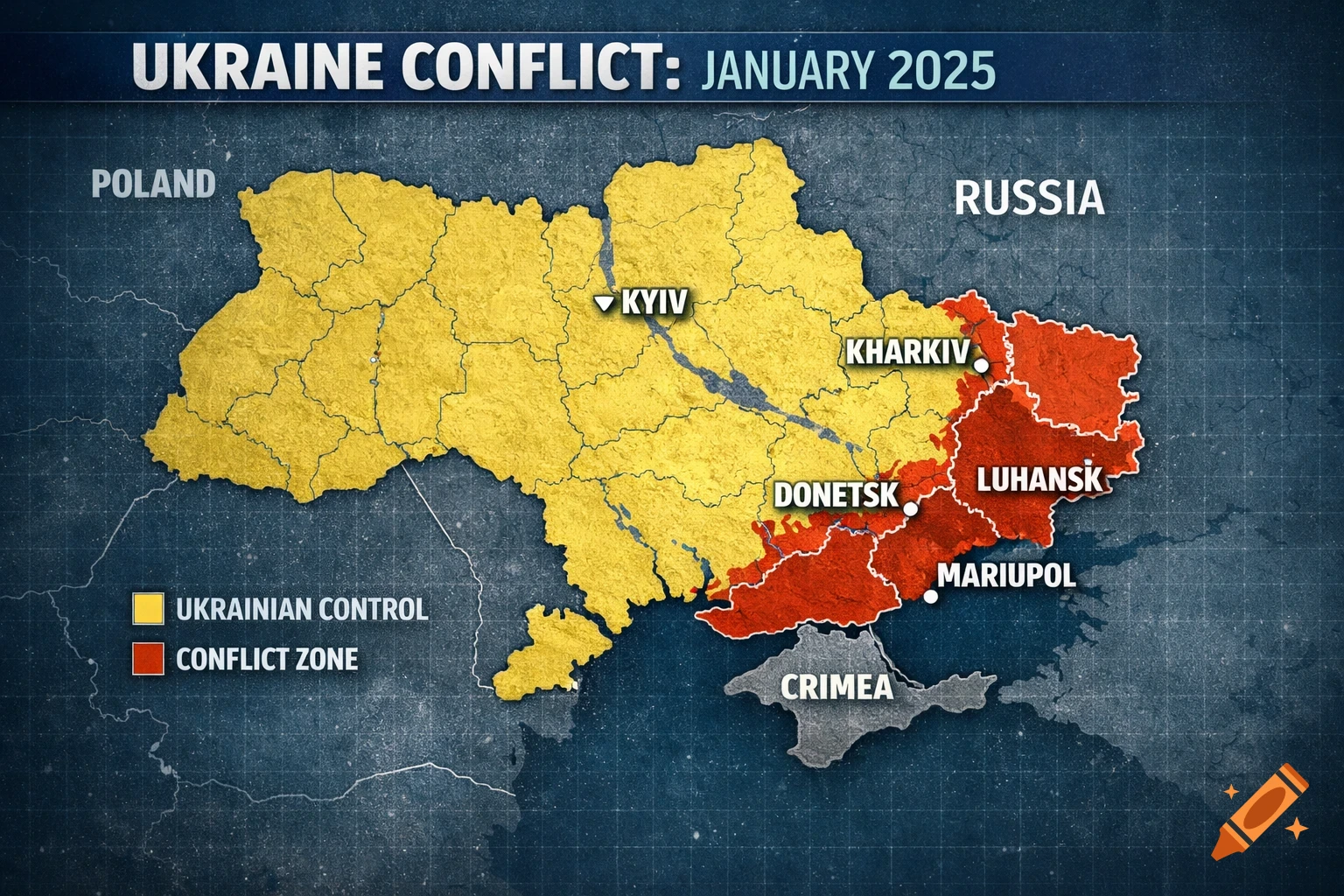 A map of Ukraine in January 2025, showing Ukrainian controlled territories in yellow and conflict zones in red, with Crimea in gray. Features labels for cities and neighboring countries in a modern news graphics style.