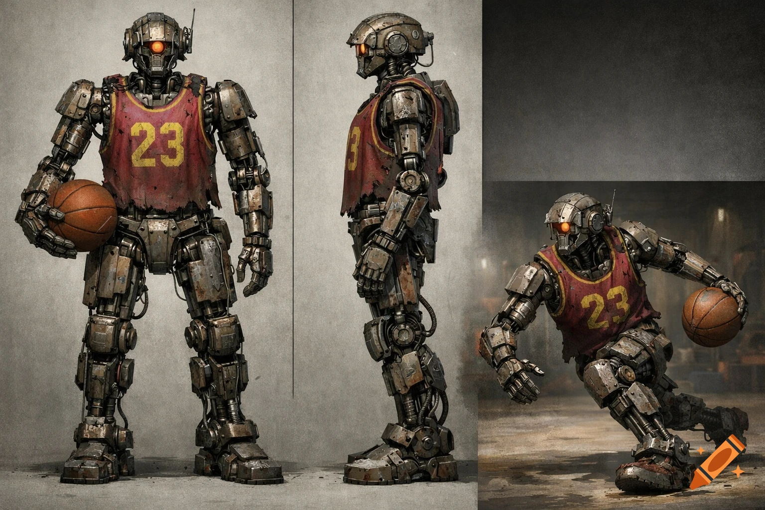 Detailed, rusty robot basketball player in a red 23 jersey, holding a basketball, shown in multiple poses.