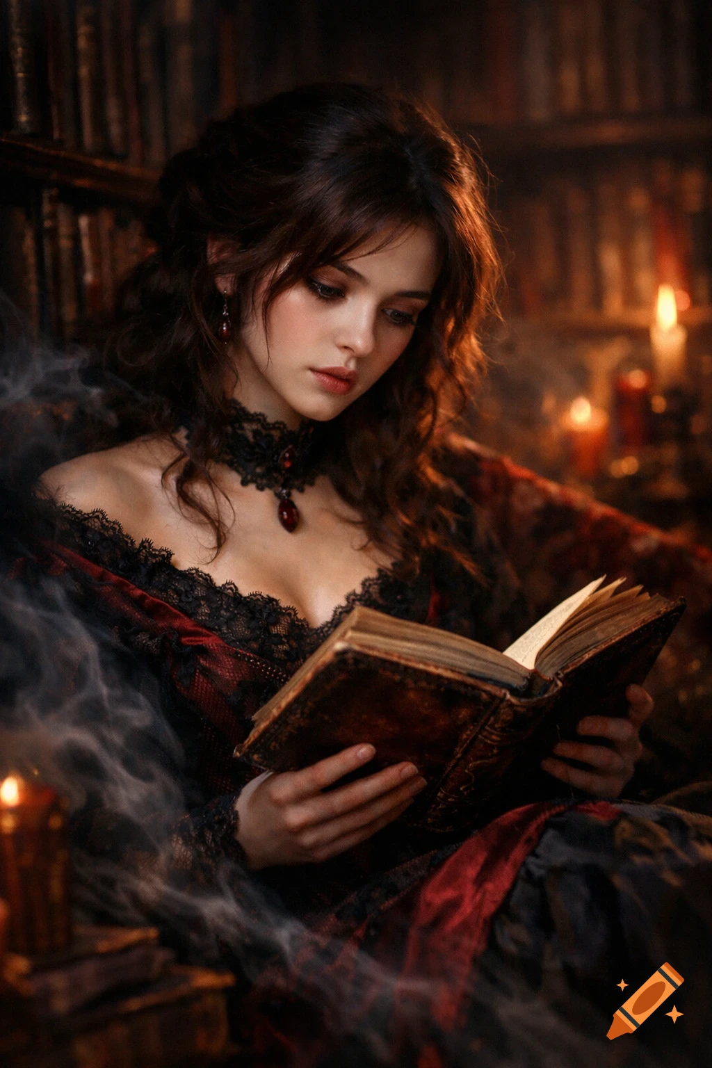 A young woman in a gothic dress reads an old book by candlelight in a dark library. Photorealistic style.