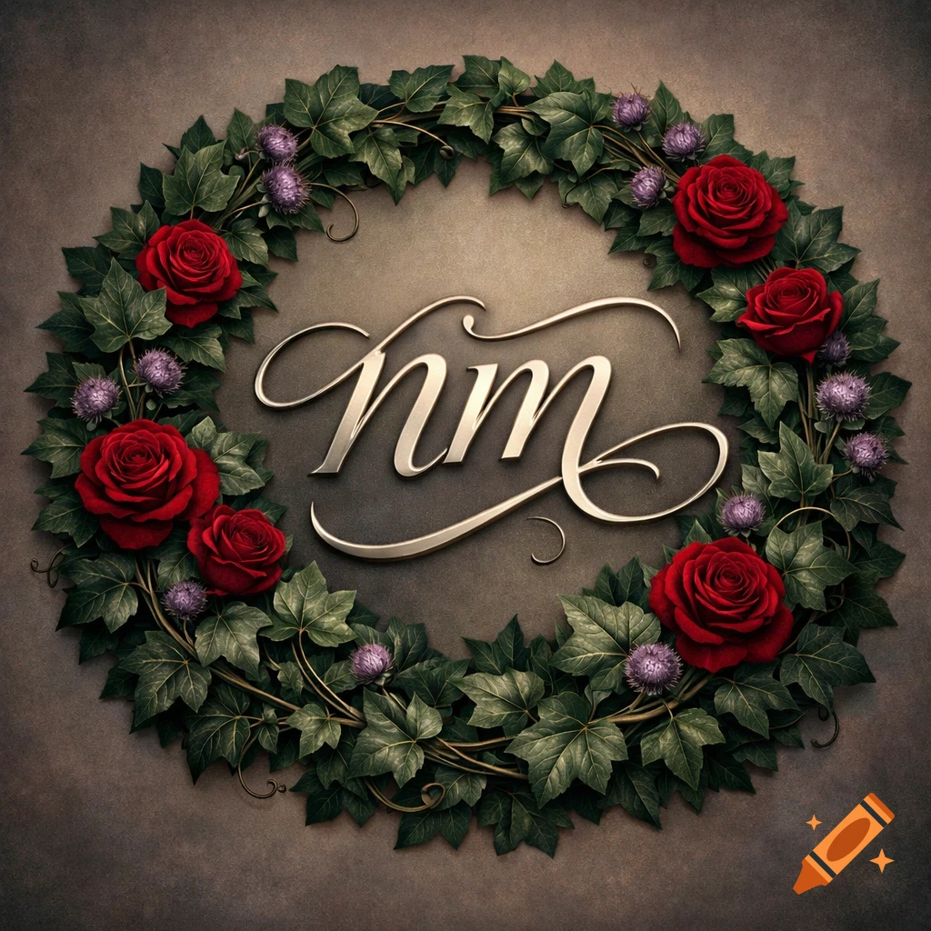 A gold script 'nm' monogram centered within a lush ivy wreath adorned with red roses and purple thistles.