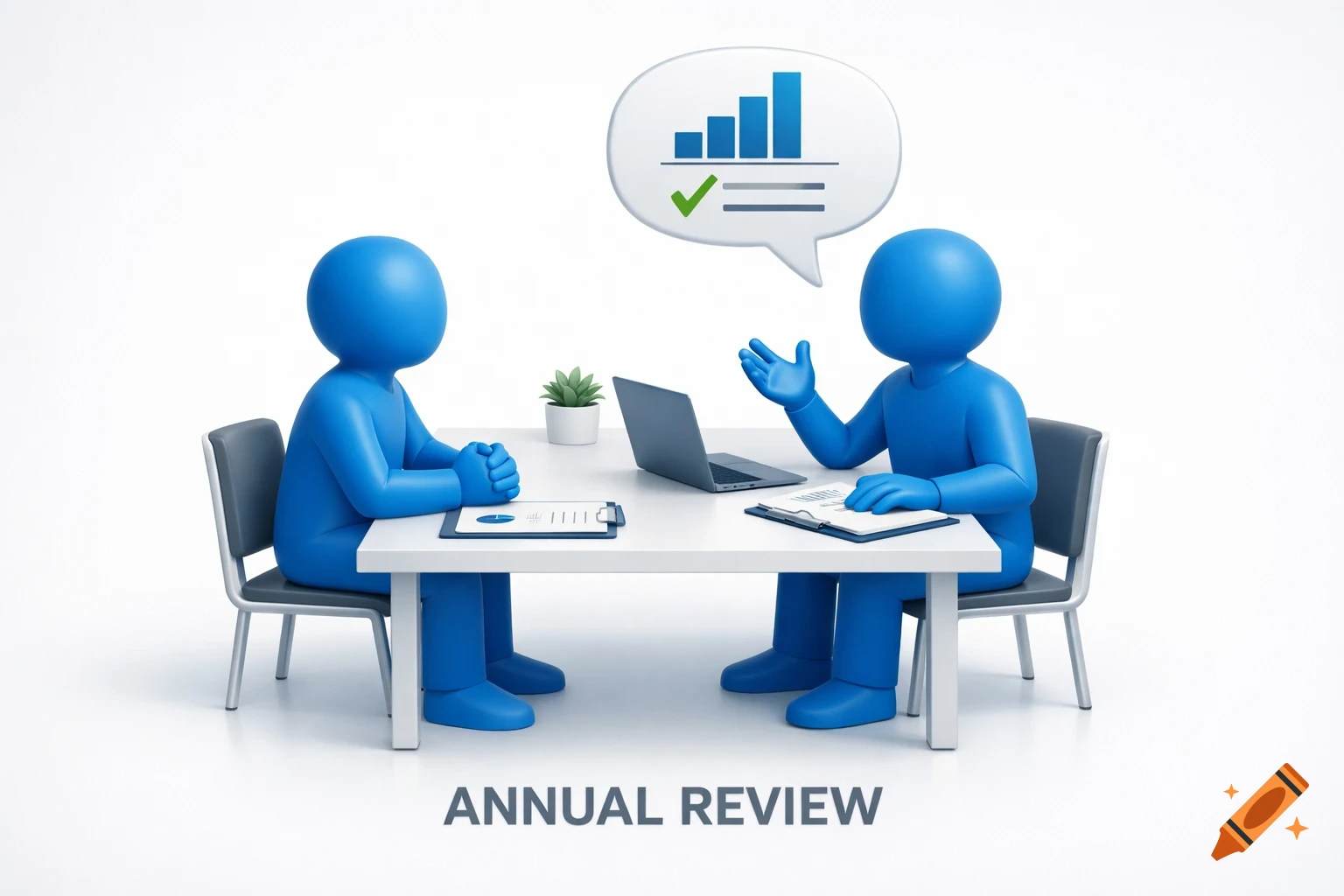 Two blue 3D figures at a desk during an annual review, one speaking with a chart in a speech bubble, the other listening. Text: ANNUAL REVIEW.