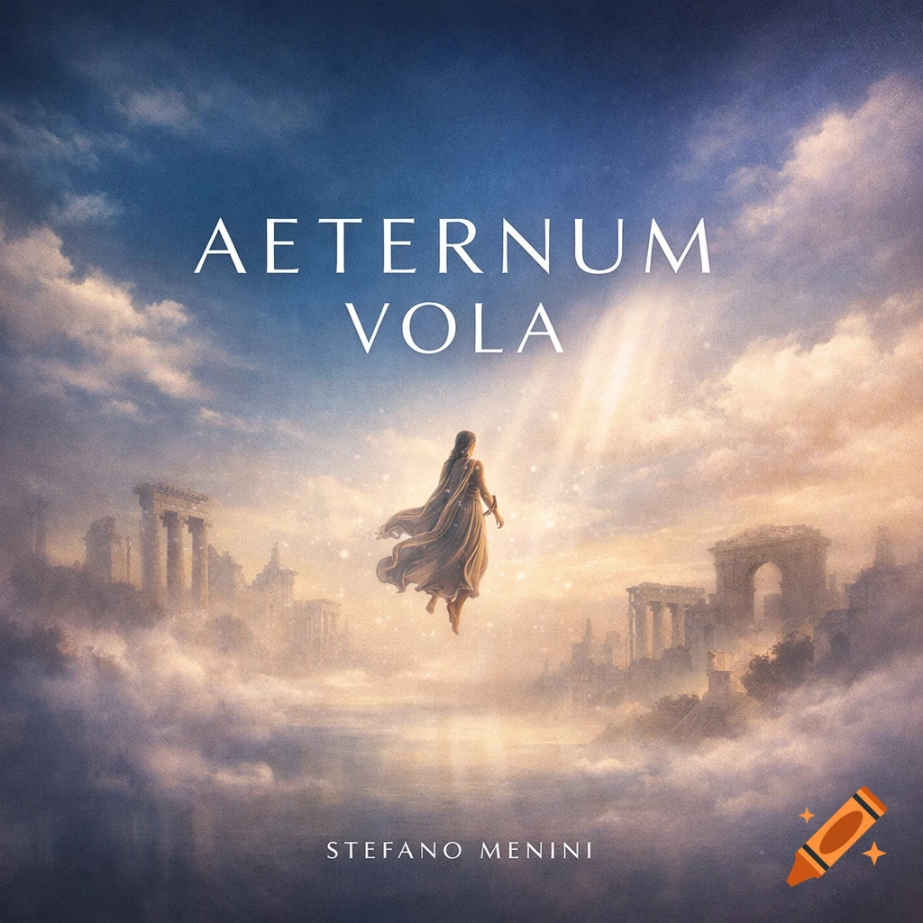 A robed figure floats above clouds and ancient Roman ruins under an ethereal sky, with text 'AETERNUM VOLA' and 'STEFANO MENINI'.