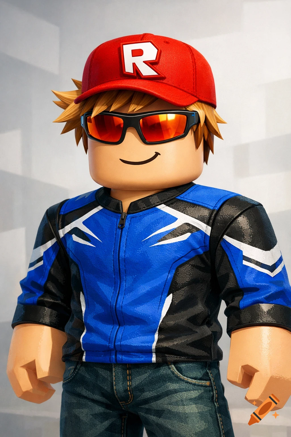 A Roblox character wearing a blue and black motorcycle jacket, dark jeans, orange sunglasses, and a red cap with a white 'R'.