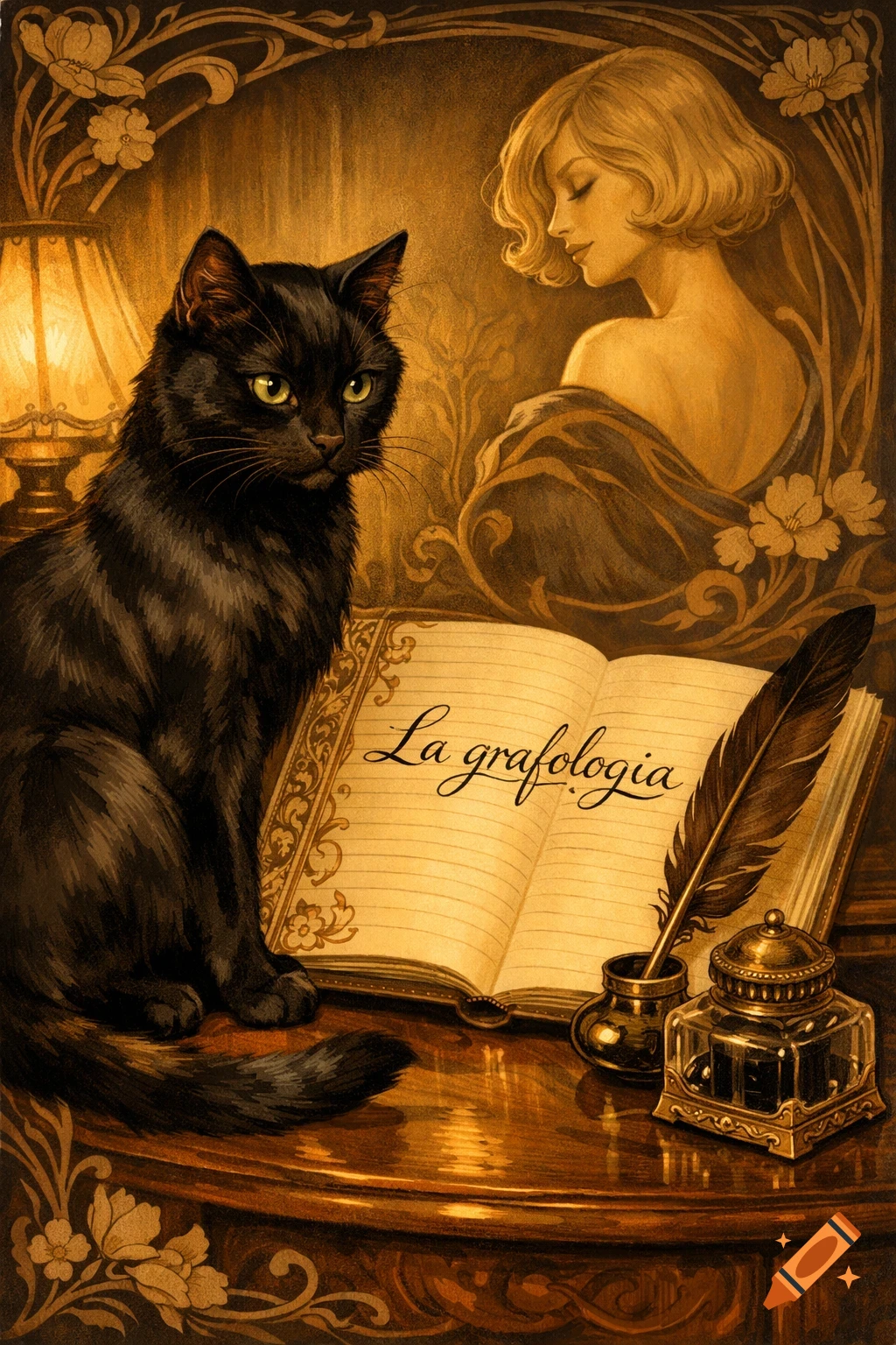 Art Nouveau illustration: black cat by a book 'La grafologia', quill, inkwell, and a blonde woman looking right.