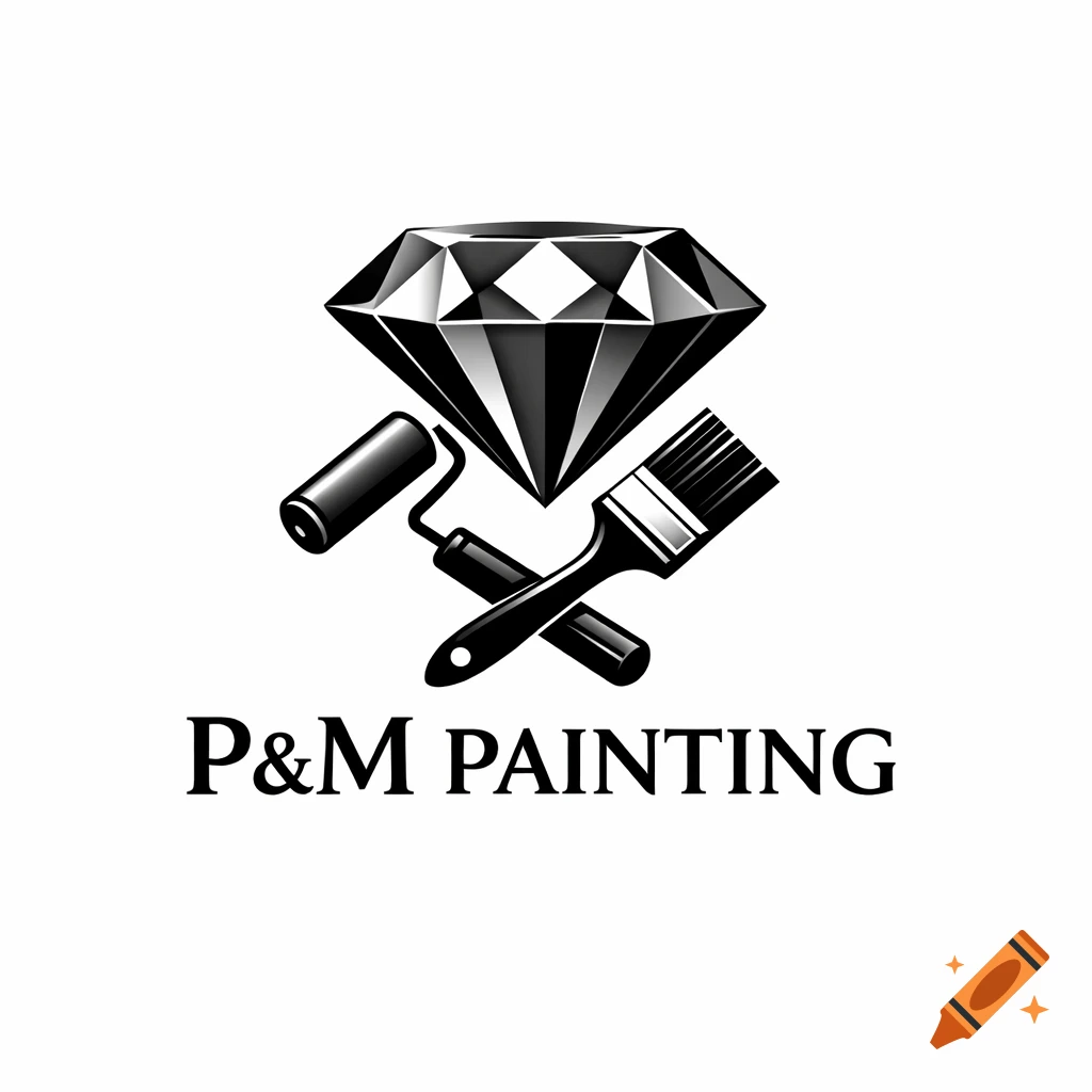Black and white logo with a diamond, crossed paint roller and brush, and text P&M PAINTING.