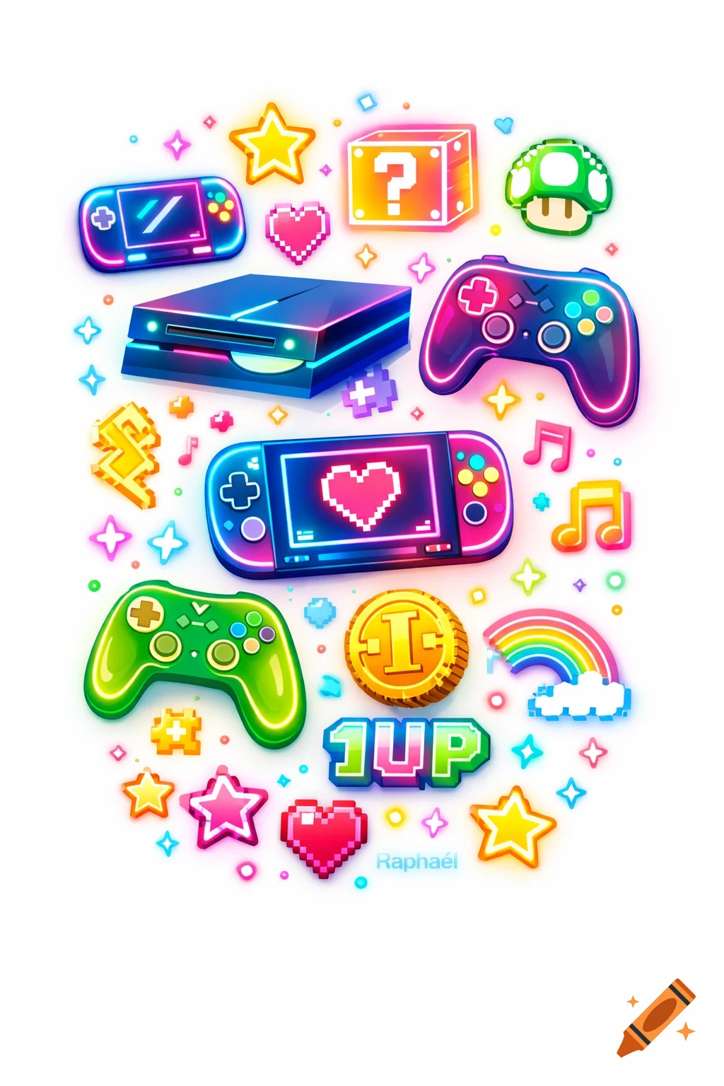 A vibrant neon-style collage of video game consoles, controllers, and pixel art symbols like stars, hearts, and '1UP' on a white background.