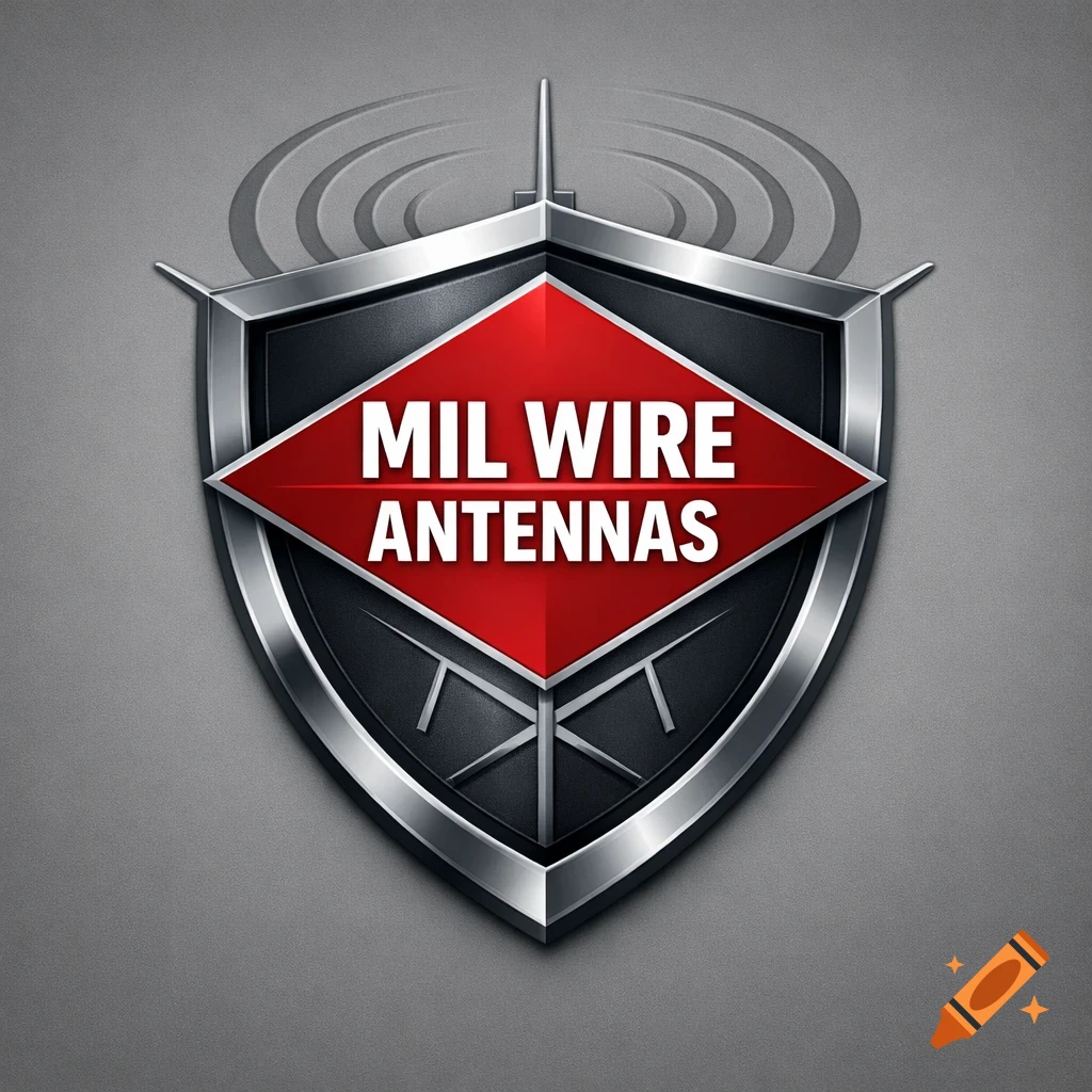 A metallic shield logo featuring a red diamond with white text "MIL WIRE ANTENNAS" and an antenna symbol.