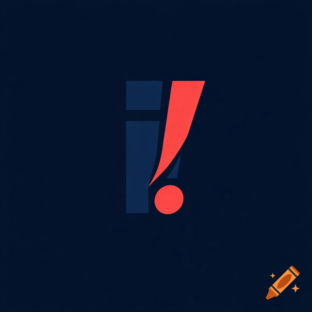 Minimalist logo with a dark blue letter 'i' and a red stylized exclamation mark on a dark background.