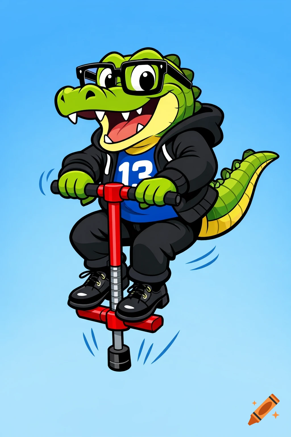A happy anthropomorphic cartoon alligator with eyeglasses, wearing a hoodie and t-shirt with '13', jumps on a pogo stick.