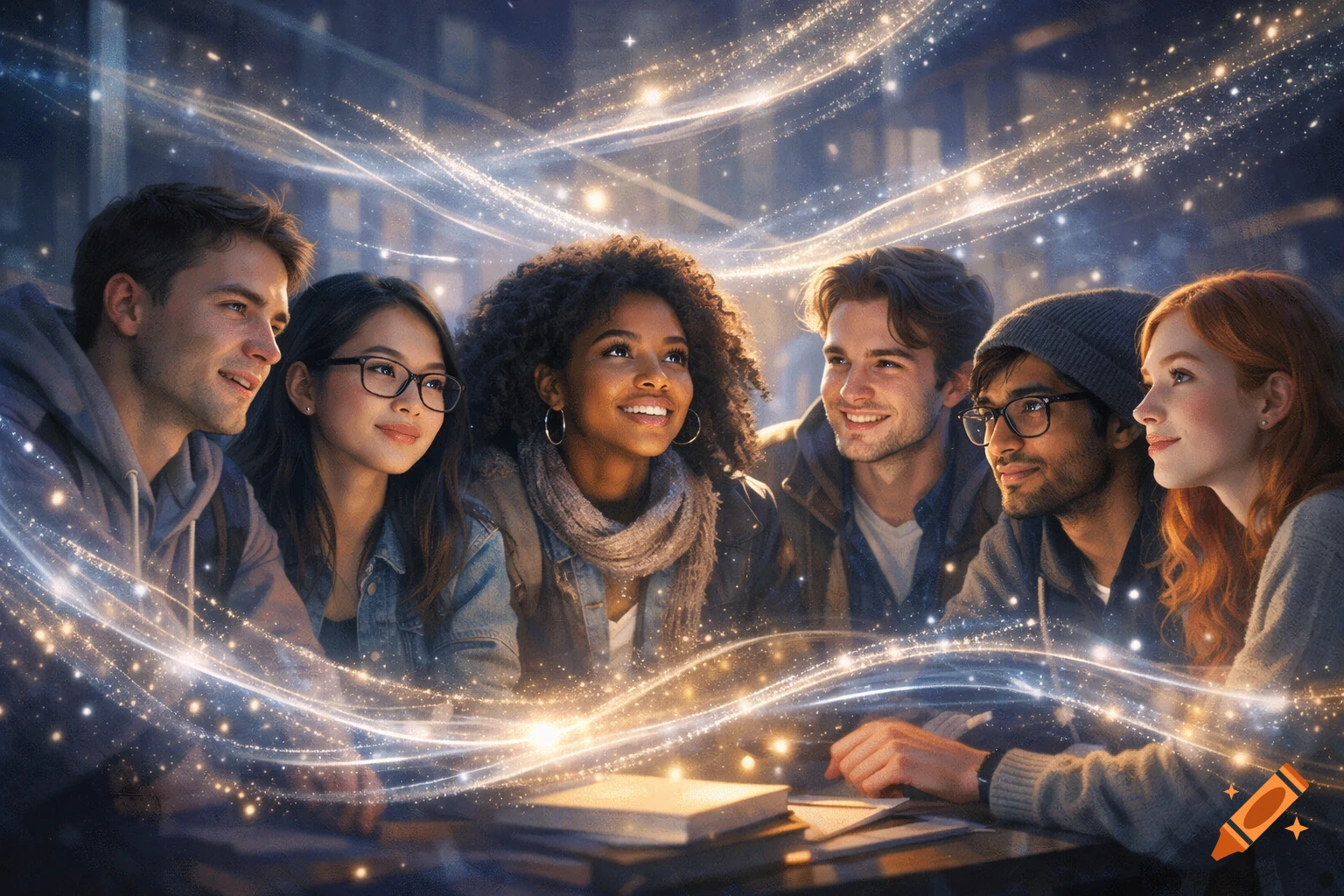 Diverse group of college students engaged in a discussion around a table, surrounded by magical sparkling light trails.