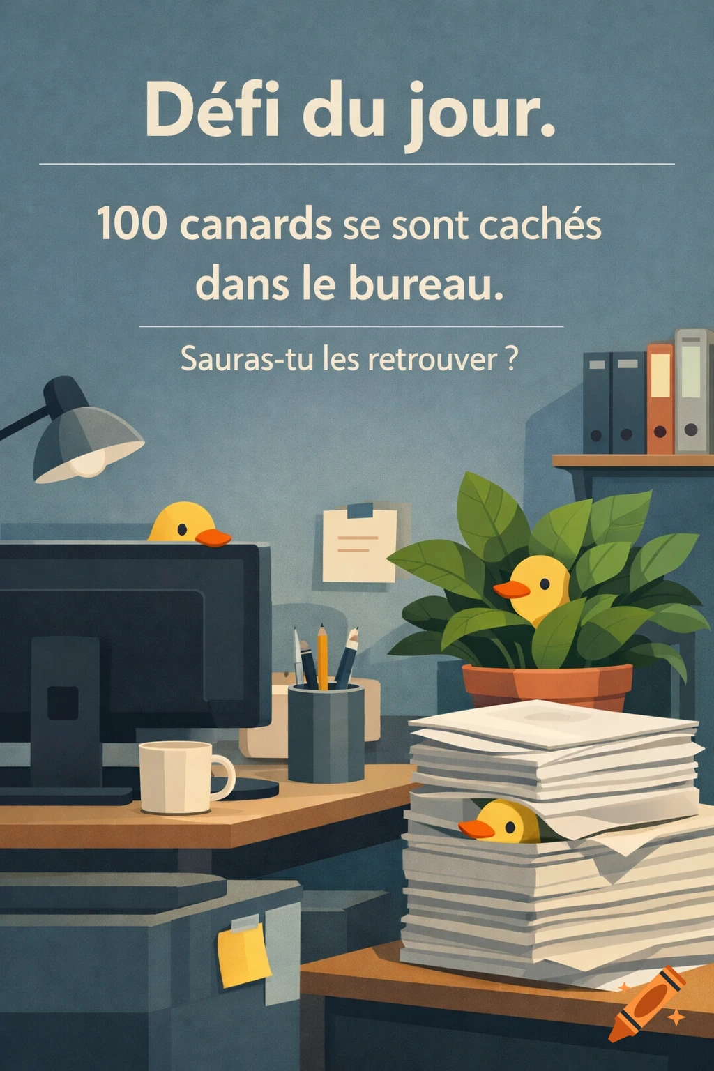 Illustrated poster with a hidden object game challenge, showing rubber ducks tucked into a modern office setting.