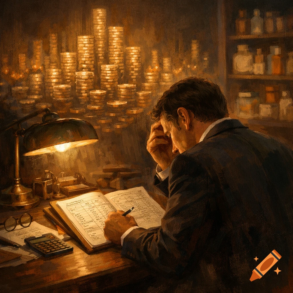 A man in a suit hunches over a ledger at a lamp-lit desk, surrounded by stacks of gold coins, in a painterly style.
