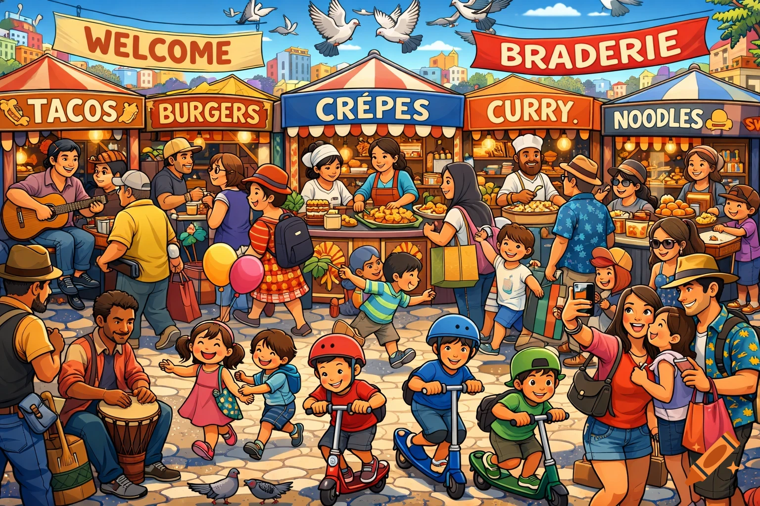 Vibrant cartoon illustration of a bustling multicultural street market with food stalls, musicians, families, and children on scooters.