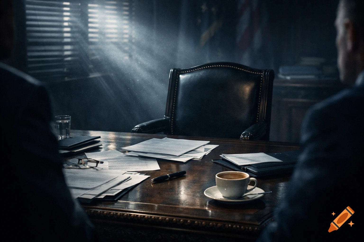 Dark, cinematic view of an office desk with papers, a coffee cup, and glasses. Light rays stream through blinds onto an empty leather chair.
