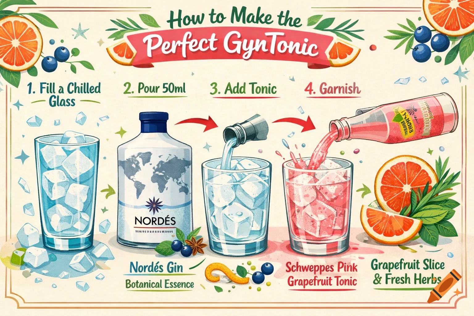 An infographic illustrating four steps to make a gin and tonic, featuring bottles of gin and tonic, ice, grapefruit, and blueberries, in a stylized illustration.