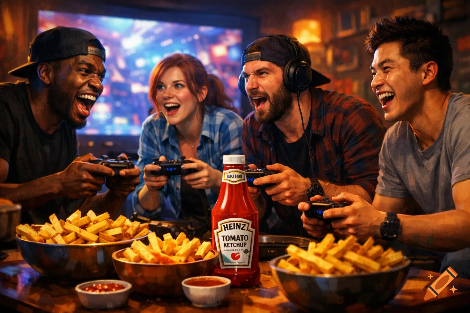 Diverse friends laugh while playing video games, surrounded by bowls of fries and a Heinz ketchup bottle.