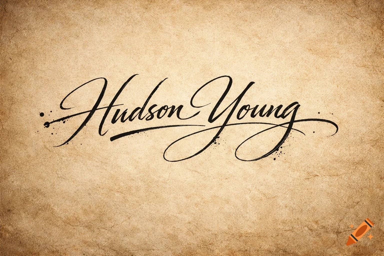 Calligraphic signature of 'Hudson Young' on a textured, vintage paper background with ink splatters.